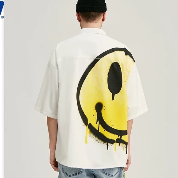 Tshirt smiley face men’s gray top loose collar button shirt top - Picture 3 of 5